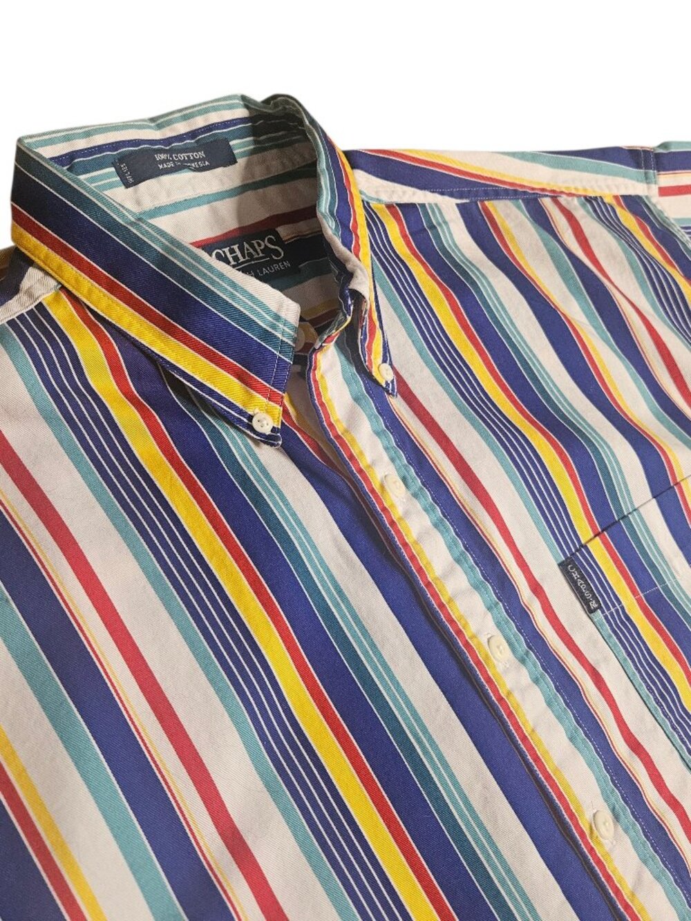 Vtg 90s Chaps Ralph Lauren Shirt Men's L Striped Colorful Preppy Retro Logo